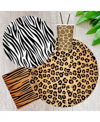 24 Guest Jungle Safari Zoo Animal Print Birthday Party Supplies Includes Plates Cups Napkins Candles Table Covers DIY Photo P...