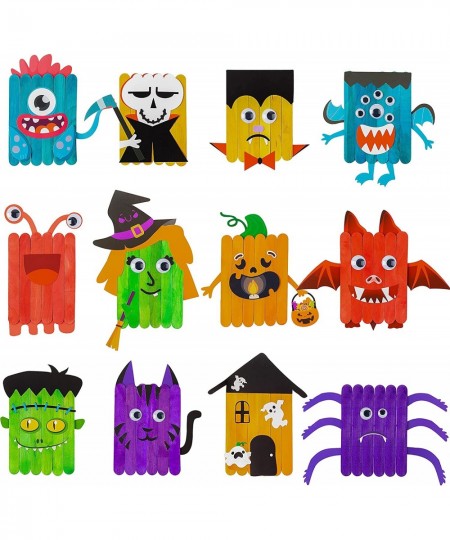 12pcs Halloween DIY Craft Supplies Kit for Kids Creative Making Craft Art for Classroom or Home Rainbow Colored Natural Wood ...