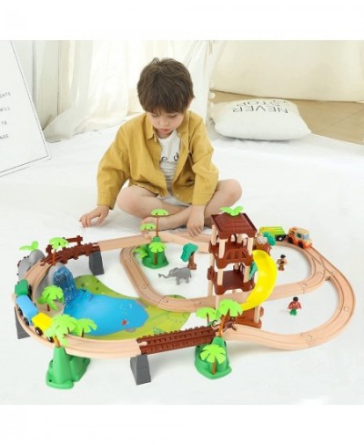 107 Pcs Wooden Train Set Toy Train Set with Battery Operated Train & 2 Sound Tracks Premium Wood Trains Tracks Toys for Toddl...