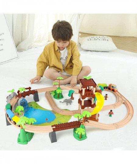 107 Pcs Wooden Train Set Toy Train Set with Battery Operated Train & 2 Sound Tracks Premium Wood Trains Tracks Toys for Toddl...