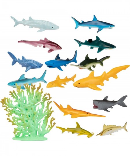 Sharks Toys Action Figure Bucket - 41 Piece Playset 15 Unique Sculpts w Toy Great White Shark Hammerhead Whale & More Fun Dee...