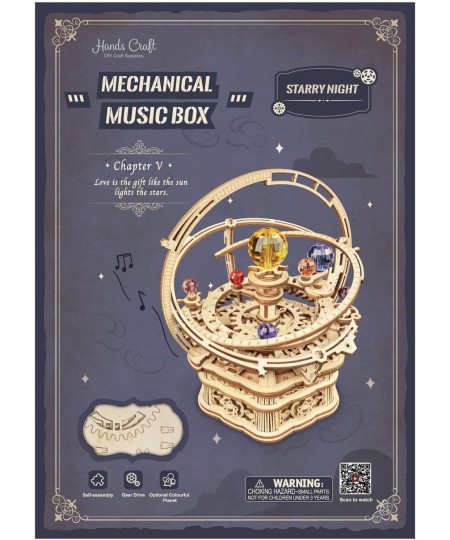 DIY 3D Music Box Wooden Puzzle – Gear Driven Starry Night Laser Cut Assembly Model Building Kit Brain Teaser Puzzles Educatio...