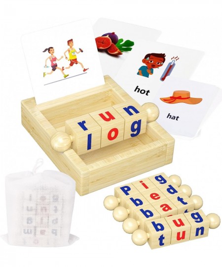 Educational Toys for 2 3 4 Years Old Wooden Reading Blocks 25 Double Side Flashcards Rotating Letters Puzzle for Kids Alphabe...