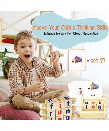 Educational Toys for 2 3 4 Years Old Wooden Reading Blocks 25 Double Side Flashcards Rotating Letters Puzzle for Kids Alphabe...