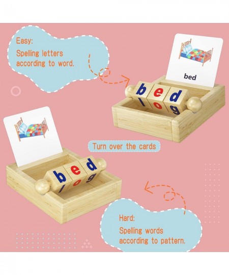 Educational Toys for 2 3 4 Years Old Wooden Reading Blocks 25 Double Side Flashcards Rotating Letters Puzzle for Kids Alphabe...