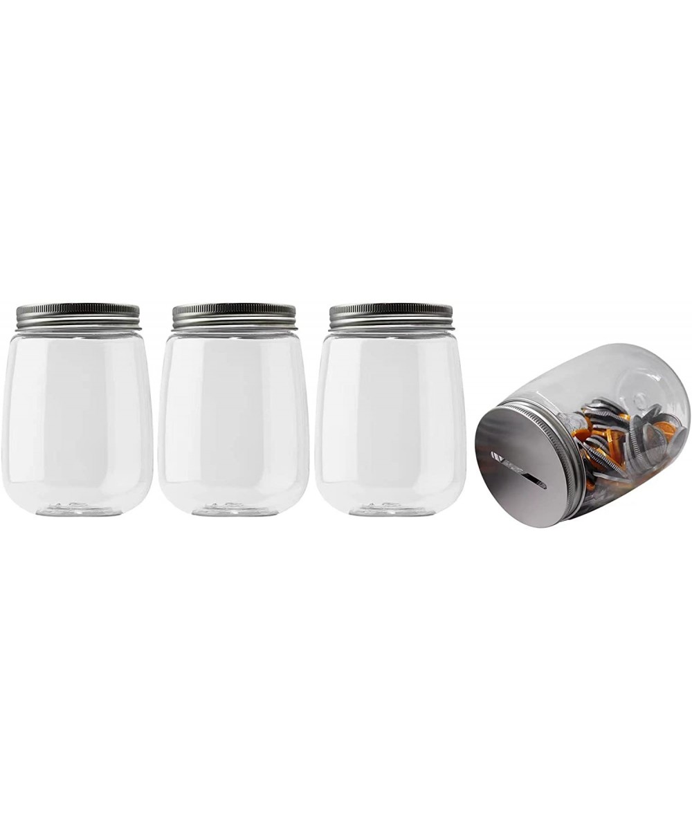 Small Coin Bank Jars 4-Pack 16oz Clear Plastic Coin Money Tip Coin Jars with Silver Slotted Lids Small Transparent Plastic Co...