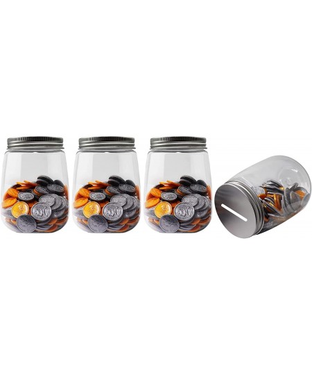 Small Coin Bank Jars 4-Pack 16oz Clear Plastic Coin Money Tip Coin Jars with Silver Slotted Lids Small Transparent Plastic Co...