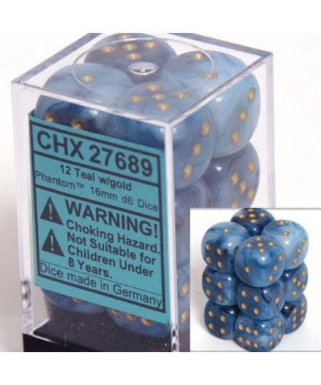 Dice d6 Sets: Phantom Teal with Gold - 16mm Six Sided Die (12) Block of Dice $21.05 - Game Accessories