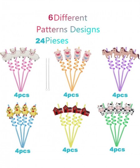 24Pcs Farm Animal Birthday Party Favors Reusable Drinking Straws 6 Designs Farm Party Supplies with 2 Cleaning Brush $26.69 -...