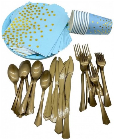 175CS Dinnerware Party Supplies Set for Mom Mothers Day- Paper Plates Napkins Cups Gold Plastic Forks Knives Spoons for Birth...