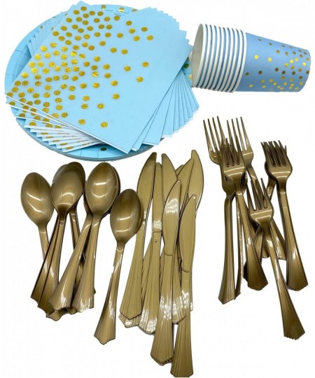 175CS Dinnerware Party Supplies Set for Mom Mothers Day- Paper Plates Napkins Cups Gold Plastic Forks Knives Spoons for Birth...