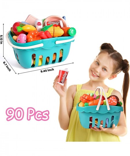 90 PCS Cutting Play Food Sets for Kids kitchen Play Kitchen Accessories Pretend Toy Foods Fruits & Vegetables with Storage Ba...