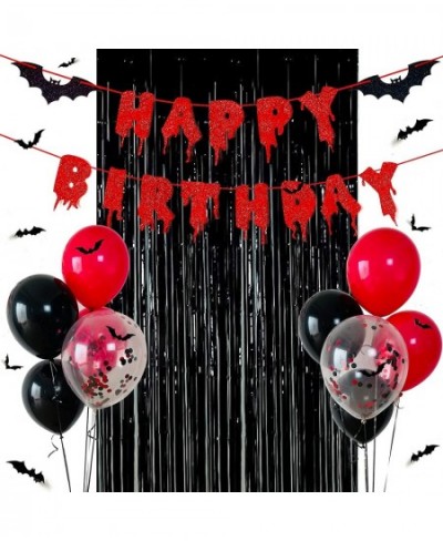 Red Glittery Happy Birthday Halloween Banner Black Foil Curtains Backdrop 3D Bat Sticker and Latex Balloons Confetti Balloon ...