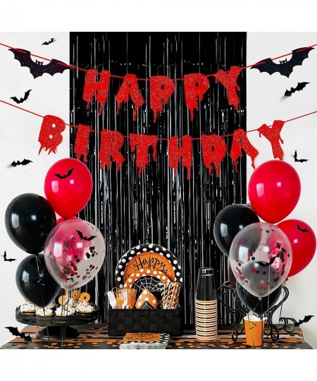 Red Glittery Happy Birthday Halloween Banner Black Foil Curtains Backdrop 3D Bat Sticker and Latex Balloons Confetti Balloon ...