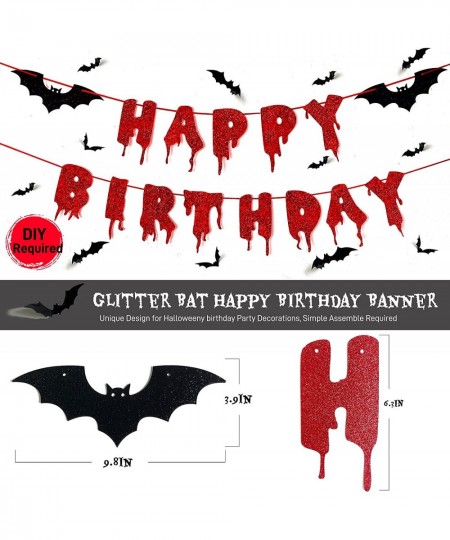 Red Glittery Happy Birthday Halloween Banner Black Foil Curtains Backdrop 3D Bat Sticker and Latex Balloons Confetti Balloon ...