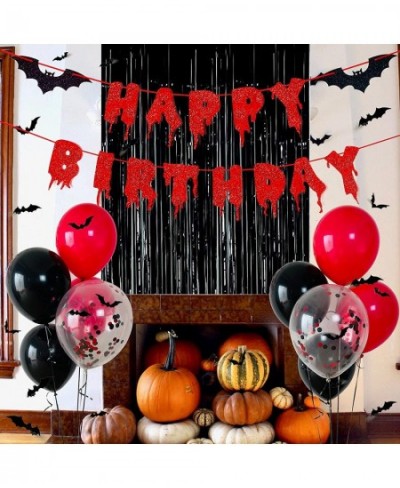 Red Glittery Happy Birthday Halloween Banner Black Foil Curtains Backdrop 3D Bat Sticker and Latex Balloons Confetti Balloon ...