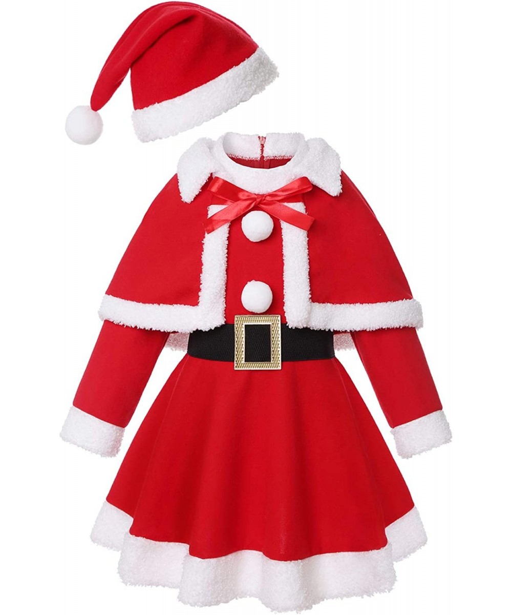 Girls Christmas Santa Costume Red Long Sleeve Dress with Shawl Hat Belt girls Xmas Dress Up Party Holiday Suit (9-10 Years re...