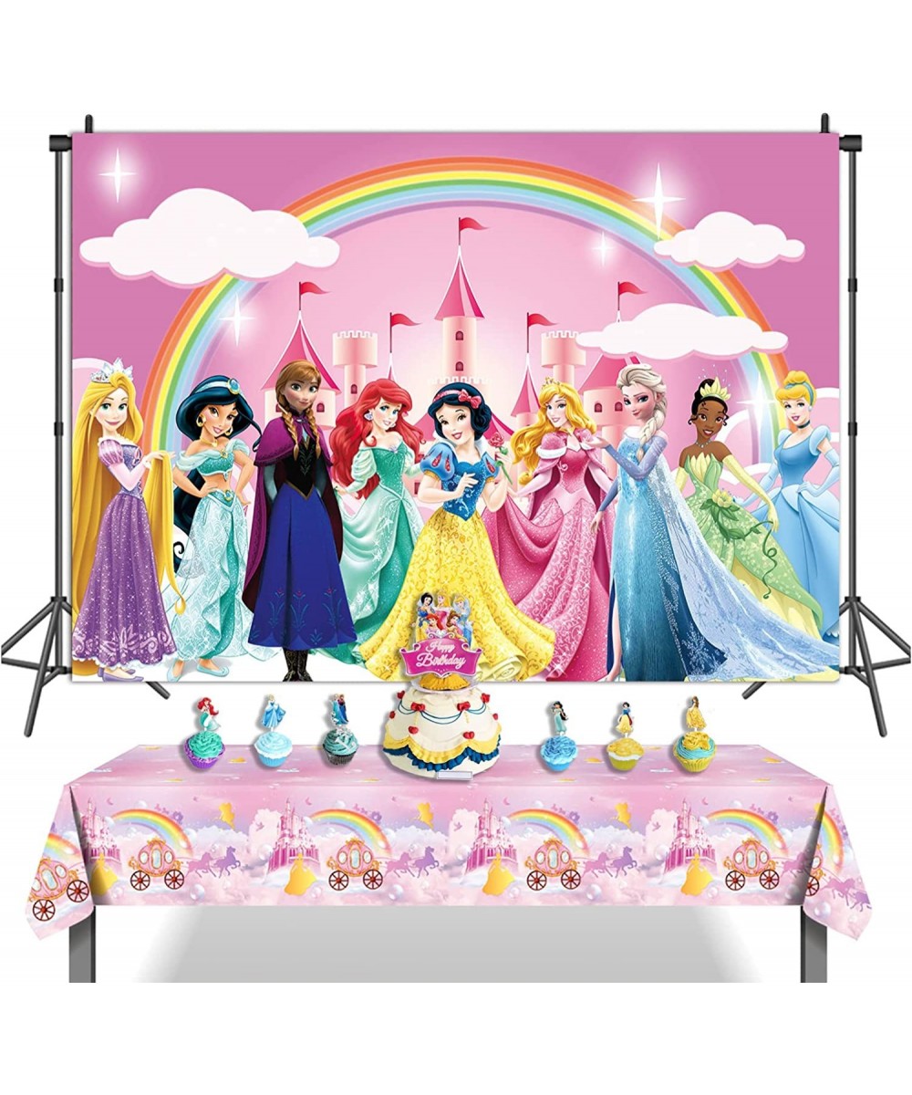 SK Princess Backdrop Happy Birthday Polyester 5x3ft and Princess Party Tablecloth 2.2x1.3m Princess Birthday Party Decoration...