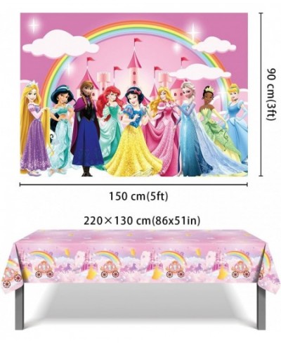 SK Princess Backdrop Happy Birthday Polyester 5x3ft and Princess Party Tablecloth 2.2x1.3m Princess Birthday Party Decoration...