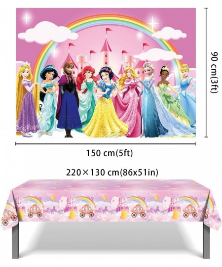 SK Princess Backdrop Happy Birthday Polyester 5x3ft and Princess Party Tablecloth 2.2x1.3m Princess Birthday Party Decoration...