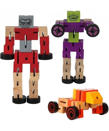 Wooden Toy Robots - 3 Pack - Adorable Action Figures Toy Cars in Assorted Colors for Boys and Girls - Develop Cognitive and M...