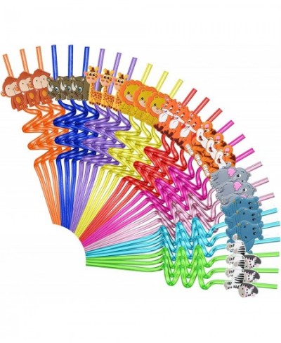 27Pcs Reusable Jungle Zoo Animals Plastic Straws 9 Design Lion Zebra Rhino Hippo Fox Safari Forest Animals Straws Wild-One Ba...