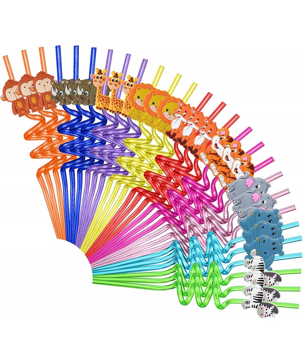 27Pcs Reusable Jungle Zoo Animals Plastic Straws 9 Design Lion Zebra Rhino Hippo Fox Safari Forest Animals Straws Wild-One Ba...