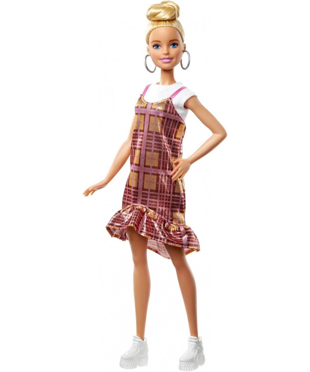 Fashionistas Doll 142 with Blonde Updo Hair Wearing Pink & Golden Plaid Dress White Sneakers & Earrings Toy for Kids 3 to 8 Y...