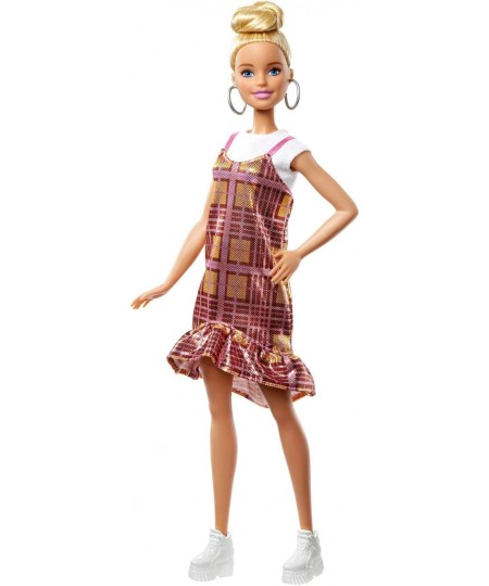 Fashionistas Doll 142 with Blonde Updo Hair Wearing Pink & Golden Plaid Dress White Sneakers & Earrings Toy for Kids 3 to 8 Y...