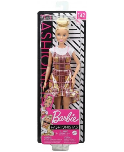 Fashionistas Doll 142 with Blonde Updo Hair Wearing Pink & Golden Plaid Dress White Sneakers & Earrings Toy for Kids 3 to 8 Y...