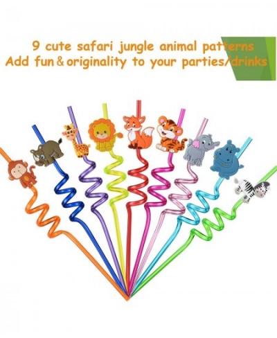 27Pcs Reusable Jungle Zoo Animals Plastic Straws 9 Design Lion Zebra Rhino Hippo Fox Safari Forest Animals Straws Wild-One Ba...