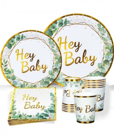 Sage Green Baby Shower Plates - Green and Gold Hey Baby Paper Plates Disposable Dessert Plates and Napkins Cups for 24 Jungle...