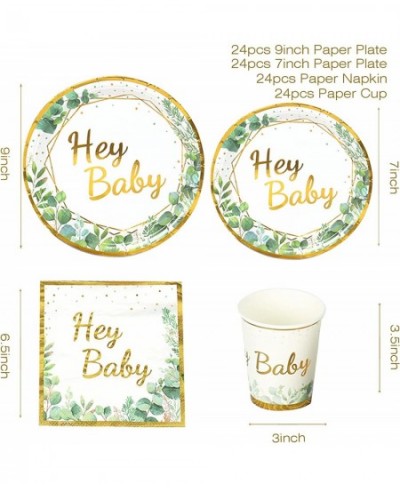 Sage Green Baby Shower Plates - Green and Gold Hey Baby Paper Plates Disposable Dessert Plates and Napkins Cups for 24 Jungle...