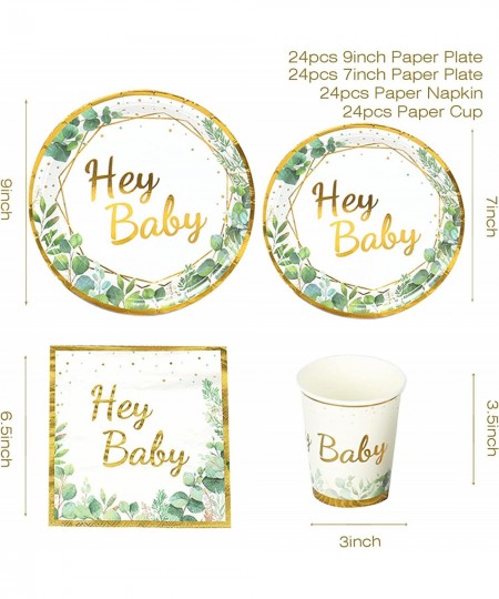 Sage Green Baby Shower Plates - Green and Gold Hey Baby Paper Plates Disposable Dessert Plates and Napkins Cups for 24 Jungle...