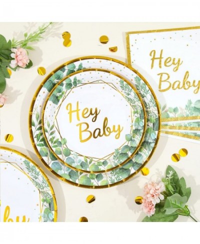 Sage Green Baby Shower Plates - Green and Gold Hey Baby Paper Plates Disposable Dessert Plates and Napkins Cups for 24 Jungle...