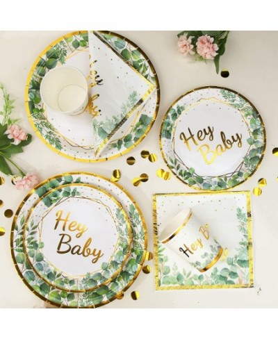 Sage Green Baby Shower Plates - Green and Gold Hey Baby Paper Plates Disposable Dessert Plates and Napkins Cups for 24 Jungle...