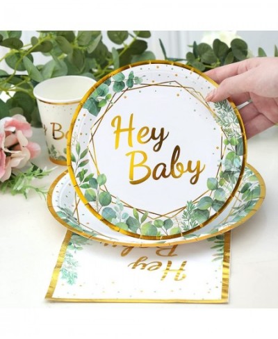 Sage Green Baby Shower Plates - Green and Gold Hey Baby Paper Plates Disposable Dessert Plates and Napkins Cups for 24 Jungle...