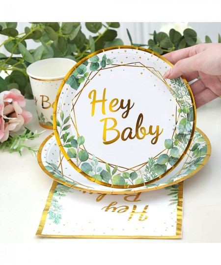 Sage Green Baby Shower Plates - Green and Gold Hey Baby Paper Plates Disposable Dessert Plates and Napkins Cups for 24 Jungle...