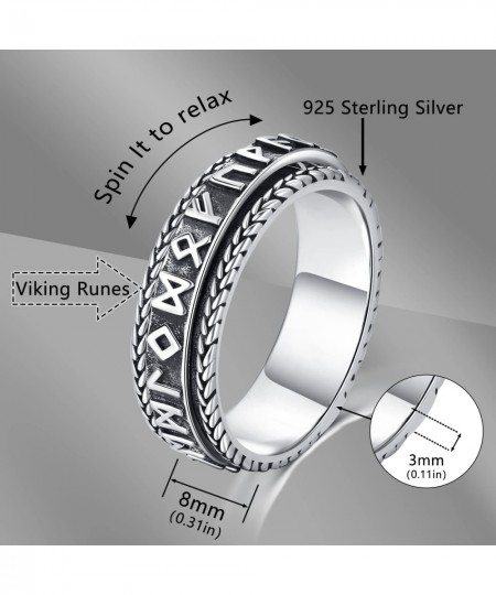 Norse Viking Spinner Runes Ring 925 Sterling Silver Spinner Rings for Women Men Fidget Band Rings Spin It to Relax Fidget Rin...