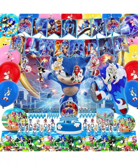 Sonic Birthday Party Supplies - 150pcs Sonic Birthday Decorations Include Backdrop Happy Birthday Banner Tableware Set Cake T...