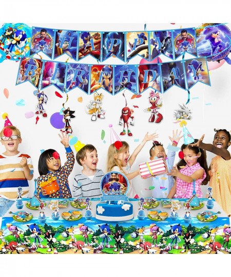 Sonic Birthday Party Supplies - 150pcs Sonic Birthday Decorations Include Backdrop Happy Birthday Banner Tableware Set Cake T...