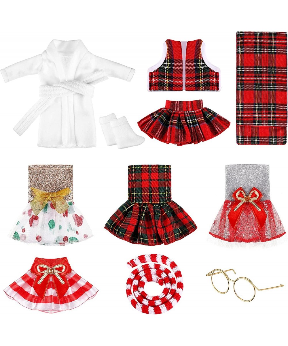 12 Pieces Christmas Elf Clothes Accessory Santa Couture Clothing for Elf Doll Clothes Set Includes Plaid Elf Doll Skirts Fluf...