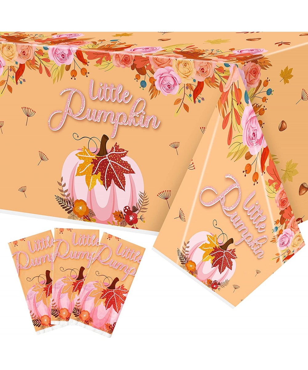 3Pcs Pink Little Pumpkin Baby Shower Tablecloth 108 x 54 Inches Autumn Fall Maple Leaf Theme Disposable Plastic Table Cover f...