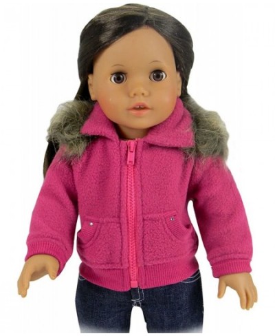 Fleece Zip Up Sweatshirt with Faux faux fur Collar Rhinestone Details and Pockets for 18 Inch Dolls Hot Pink $26.00 - Dolls